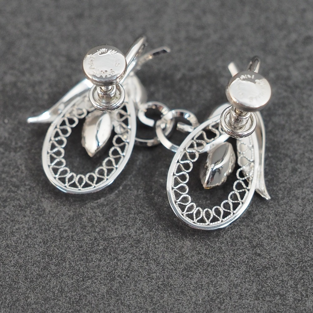 Vintage Earrings Screw Back Flower Floral Rhinestone Sterling Silver Filigree - Picture 4 of 5